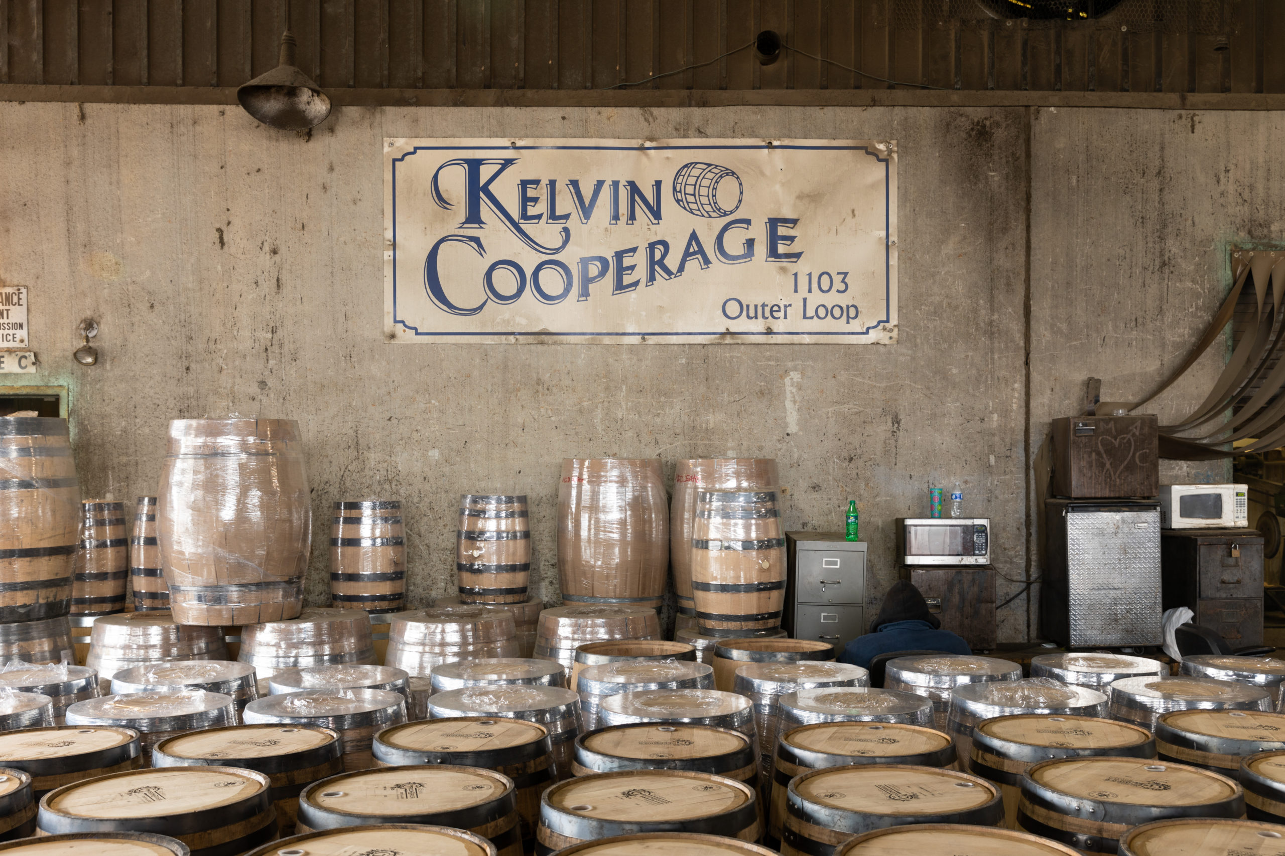 Kelvin Cooperage sign and barrels