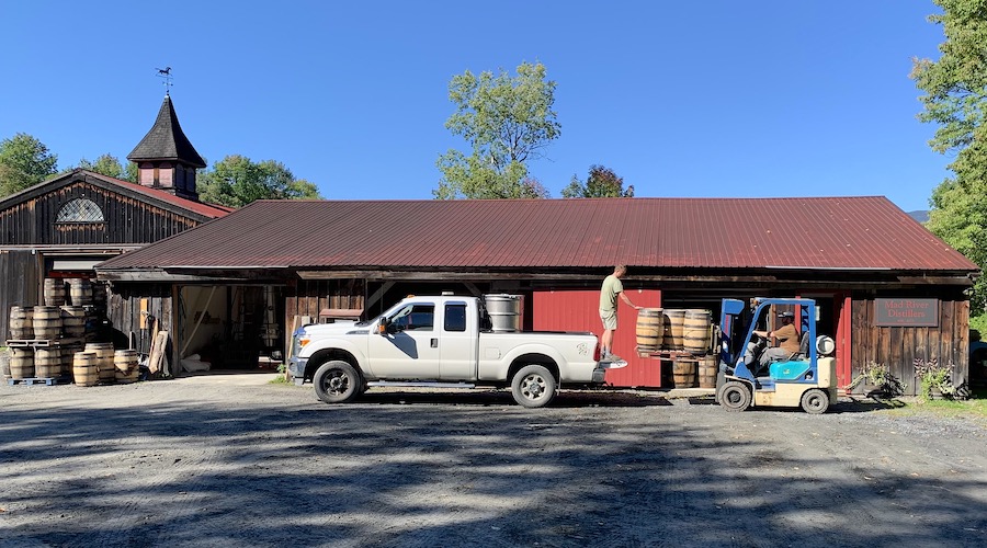 Barrels being unloaded from a truck at Mad River Distillers