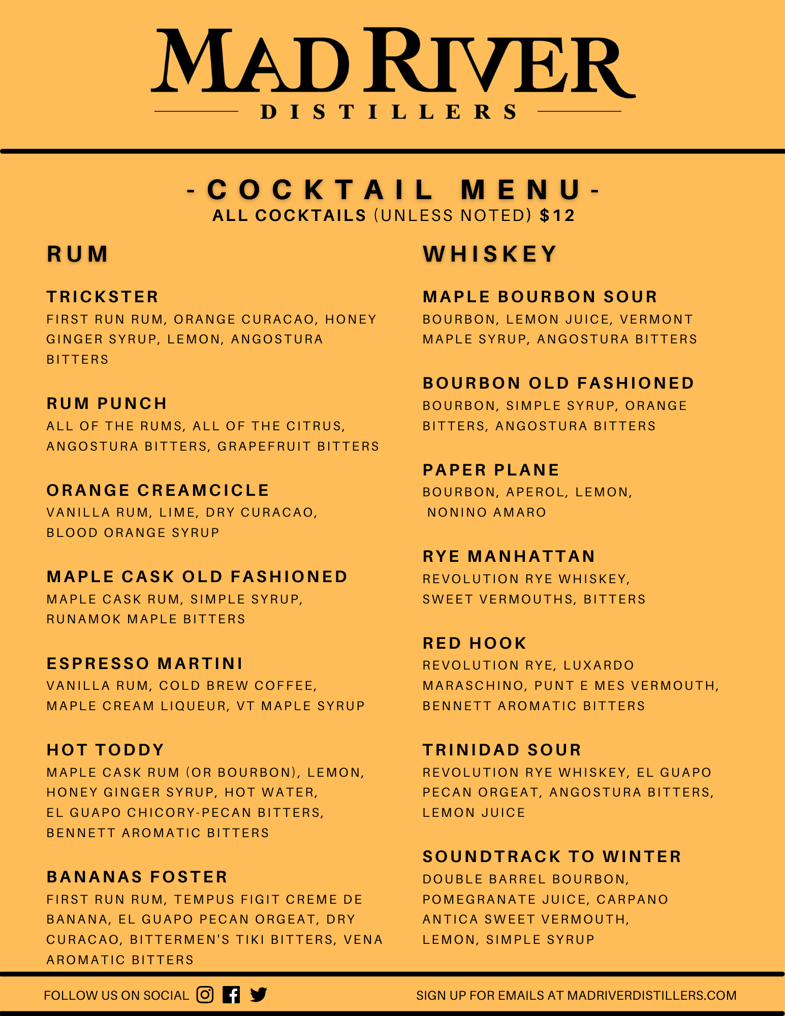 Current cocktail menu includes: Trickster, Rum Punch, Orange Creamcicle, Maple Cask Old Fashioned, Espresso Martini, Hot Toddy, Bananas Foster, Maple Bourbon Sour, Bourbon Old Fashioned, Paper Plane, Rye Manhattan, Red Hook, Trinidad Sour, Soundtrack to Winter