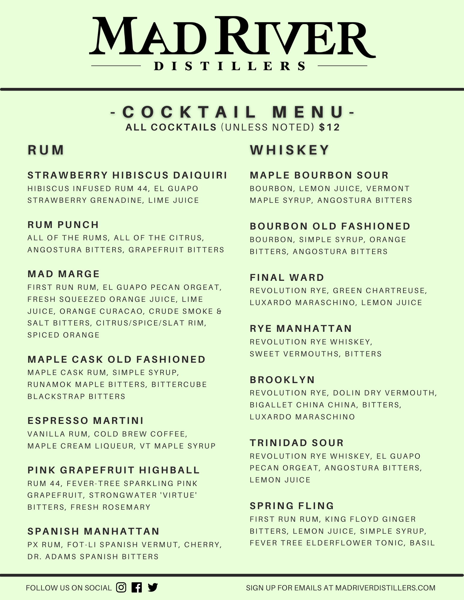 Current cocktail menu includes: Strawberry Hibiscus Daiquiri, Rum Punch, Mad Marge, Maple Cask Old Fashioned, Espresso Martini, Pink Grapefruit Highball, Spanish Manhattan, Maple Bourbon Sour, Bourbon Old Fashioned, Final Ward, Rye Manhattan, Brooklyn, Trinidad Sour, Spring Fling