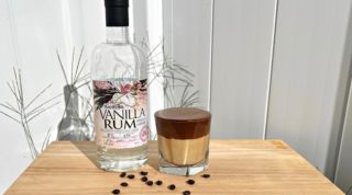 Vanilla Rum and Boozy Dalgona Coffee on wood table