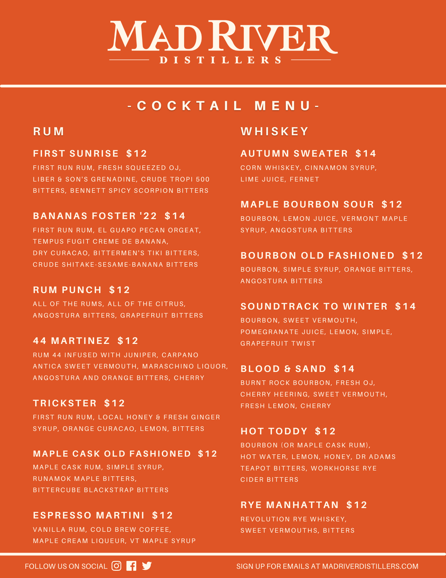 Current cocktail menu includes: First Sunrise, Bananas Foster '22, Rum Punch, 44 Martinez, Trickster, Maple Cask Old Fashioned, Espresso Martini, Autumn Sweater, Maple Bourbon Sour, Bourbon Old Fashioned, Soundtrack to Winter, Blood & Sand, Hot Toddy, Rye Manhattan