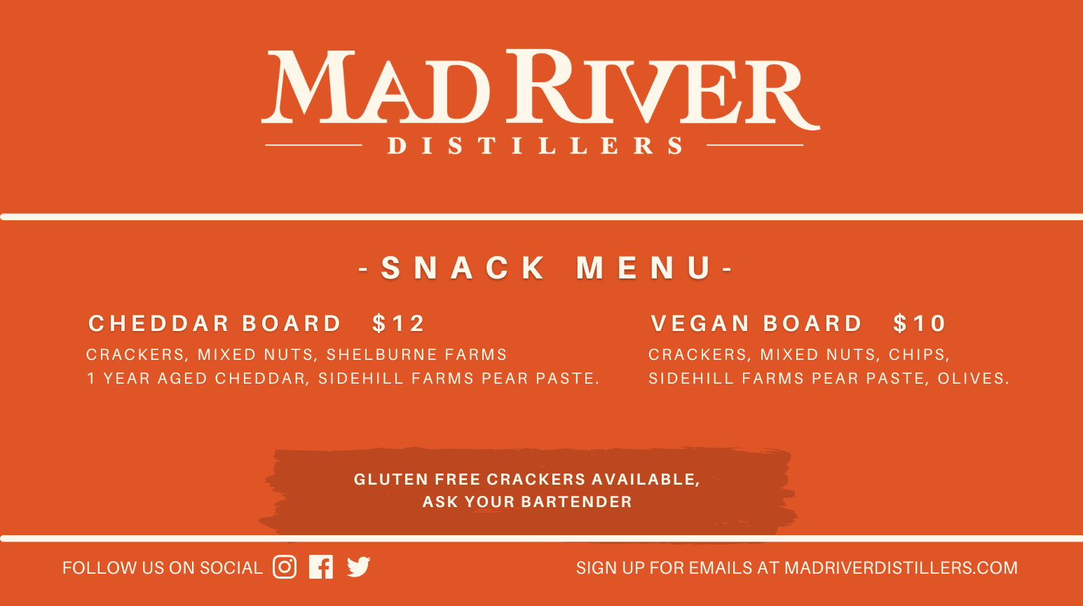 Snack menu includes a Cheddar Board for $12 and a Vegan Board for $10. Cheddar Board includes cheddar, pear paste, mixed nuts and crackers. Vegan Board includes pear paste, olives, mixed nuts, chips and crackers. Gluten free crackers available.