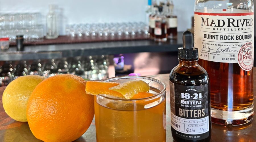 Earl Grey Tea Old Fashioned with citrus, 18.21 Bitters and Burnt Rock Bourbon
