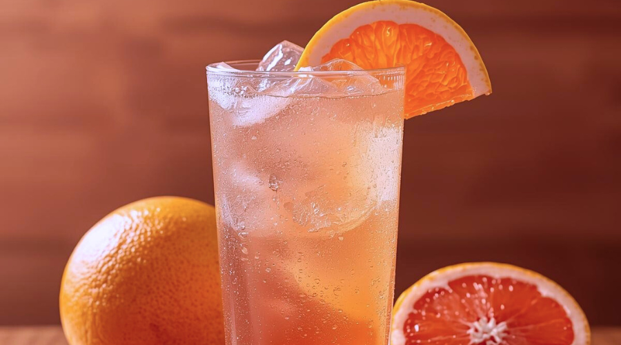 A highball cocktail with grapefruit in and around it.